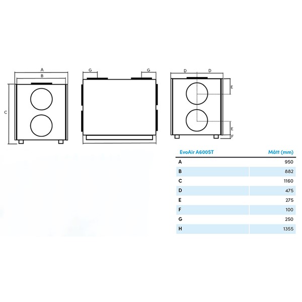 EvoAir A600ST G2 Ventilationsenhed målskitse