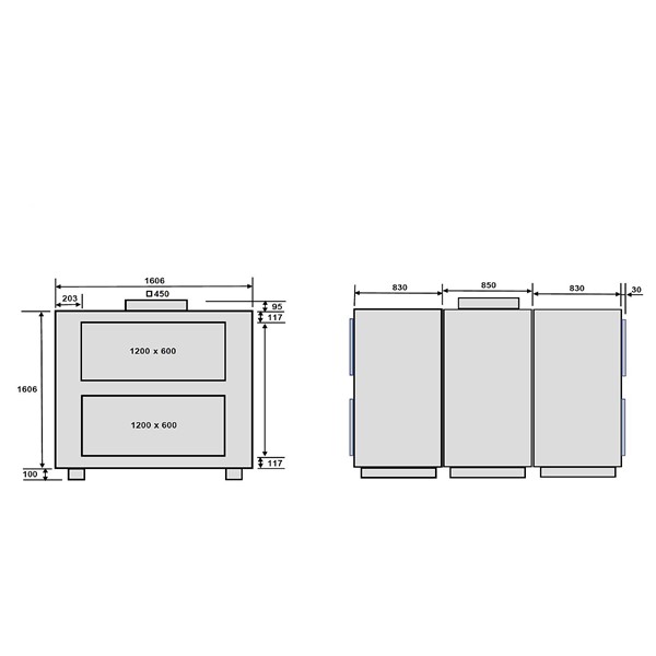 Schéma dimensionnel de l'unité de ventilation EvoAir A2 G1