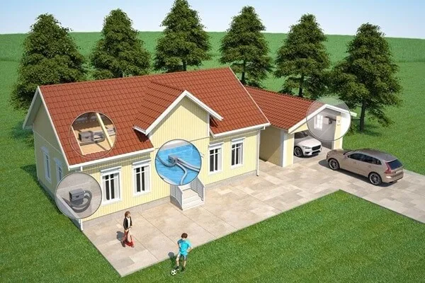 Illustration av ett hus med avfuktare